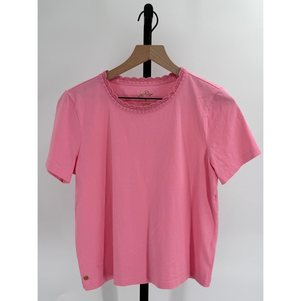 Lilly Pulitzer Pink Polo Shirt Crochet Trim Pique Cotton Preppy Resort Wear Golf